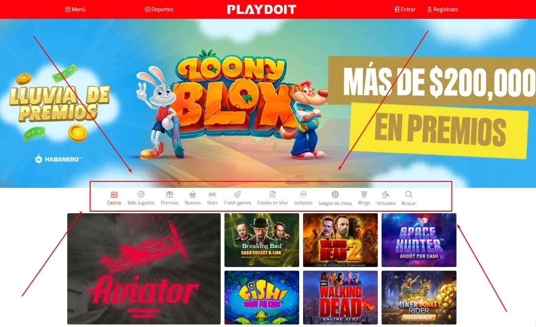 Banner promocional de Loony Blox con anuncio de premios y categorías de tragamonedas visibles debajo