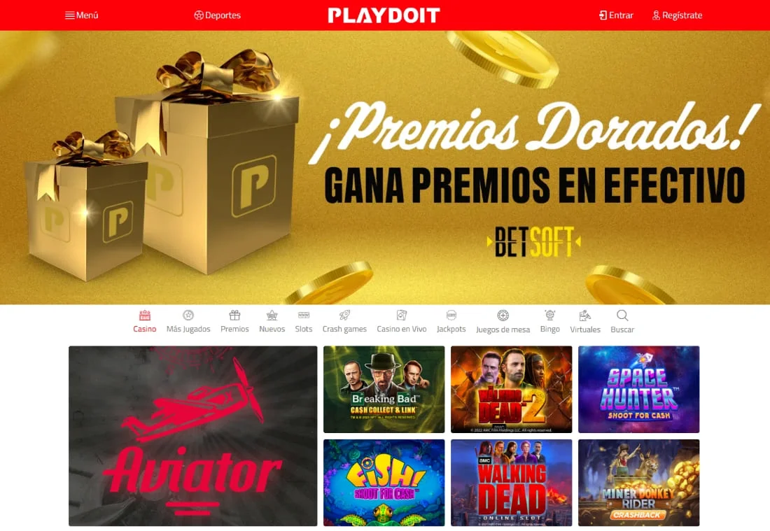 Página principal con banner de recompensas en efectivo doradas, efectos de monedas y juegos destacados