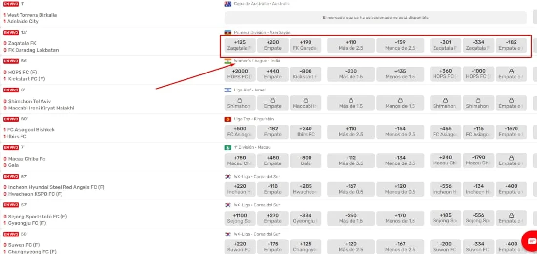 Panel de apuestas deportivas en vivo con cuotas actualizadas en tiempo real para múltiples eventos deportivos